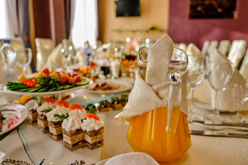 festive food on the table. A collage of different food in a restaurant. The concept of healthy eating and diet