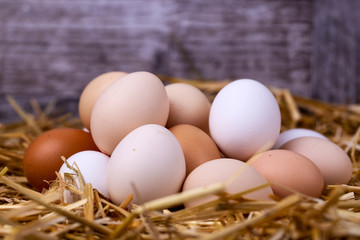 Raw eggs in dry straw. Food concept photo.