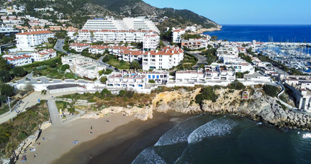 Naklejka premium Sitges. Aerial view by Drone of coastal village in Barcelona. Spain