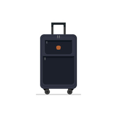 Dark blue cloth suitcase on wheels with telescopic handle. Large travel bag. Baggage of tourist. Traveler luggage. Flat vector icon