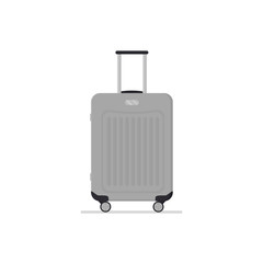Gray plastic suitcase on wheels with telescopic handle. Travel bag. Polycarbonate luggage. Baggage of tourist. Flat vector icon