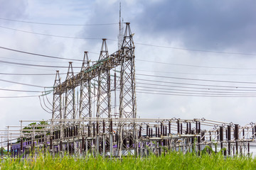 high voltage electric power substation with cloudy dark sky background