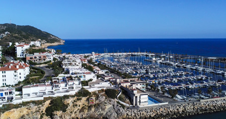 Fototapeta premium Sitges. Aerial view by Drone of coastal village in Barcelona. Spain