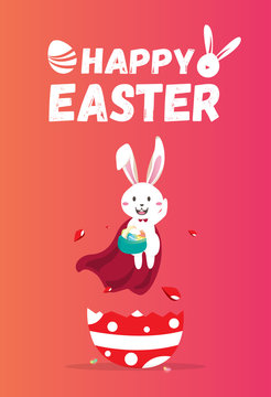 Easter bunny superhero holding easter egg.