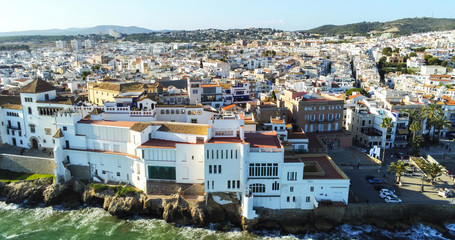 Sitges. Aerial view by Drone of coastal village in Barcelona. Spain