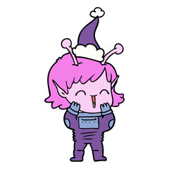 line drawing of a alien girl giggling wearing santa hat
