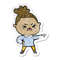 distressed sticker of a cartoon angry woman