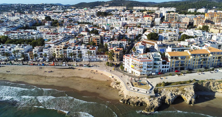 Sitges. Aerial view by Drone of coastal village in Barcelona. Spain