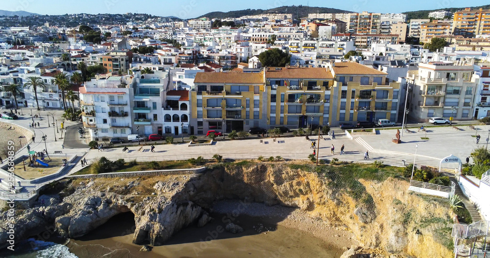 Wall mural sitges. aerial view by drone of coastal village in barcelona. spain