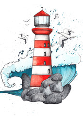 Watercolor pre-made cards with nautical elements  on white  background