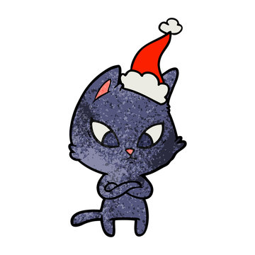 confused textured cartoon of a cat wearing santa hat