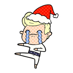 comic book style illustration of a man crying wearing santa hat