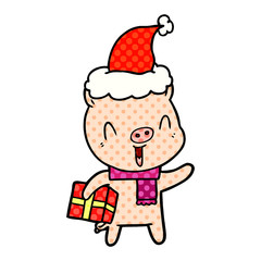 happy comic book style illustration of a pig with xmas present wearing santa hat