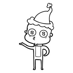 line drawing of a weird bald spaceman wearing santa hat