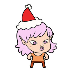 pretty line drawing of a elf girl wearing santa hat