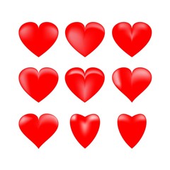 Heart 3D set. Red sign on white background. Romantic decoration silhouette symbol linked, join, love, passion and wedding. Colorful mark of valentine day. Design modern element. Vector illustration.