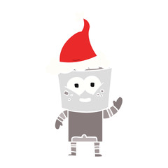 happy flat color illustration of a robot waving hello wearing santa hat