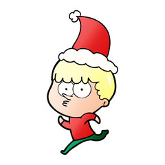 gradient cartoon of a curious boy running wearing santa hat