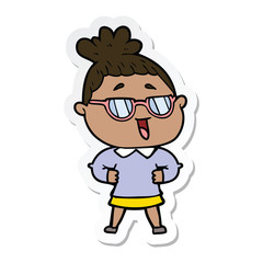 sticker of a cartoon happy woman wearing spectacles
