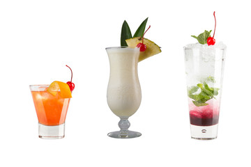 A variety of alcoholic drinks, beverages and cocktails on a white background. Three different...