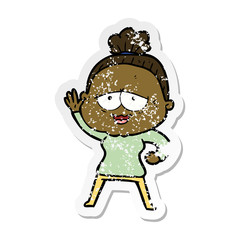 distressed sticker of a cartoon happy old lady