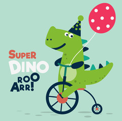 Happy birthday - lovely vector card with funny dinosaur rides on bicycle. Ideal for cards, invitations, party, banners, kindergarten, preschool and children room decoration