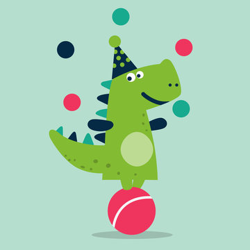 Funny dinosaur juggling balls