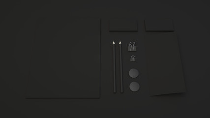 Sheet of paper, business cards, binder clips, badges and pencils