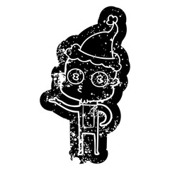 cartoon distressed icon of a weird bald spaceman wearing santa hat