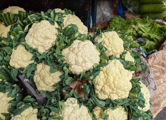 Heap of Cauliflower in Vegetable Market                                                               