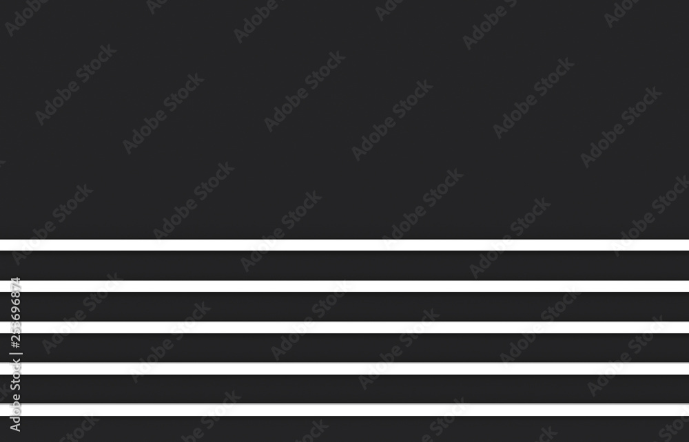 Poster 3d rendering.white horizontal slim long panel parallel pattern on black wall background.