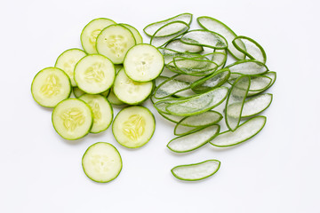Good skin care and healthy with natural ingredients aloe vera and cucumbers isolated on white