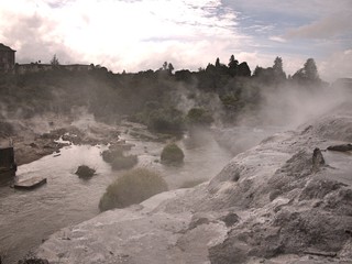Rocky volcanic landscape in Rotorua, New Zealand with hot spring pool, trees, bushes and rocks and steam rising from geysers under gray overcast sky