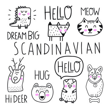 Set of cute animals. Scandinavian, nordic style. Cute simple hand drawn vector illustration design. Best for nursery, childish textile, apparel, poster, postcard.