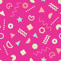 Vector of seamless repeat pattern with Memphis on pink background. Trendy Memphis style. Pastel geometric different shapes. Design for textile, fabric, decoration, wallpaper, wrapping, scrapbook