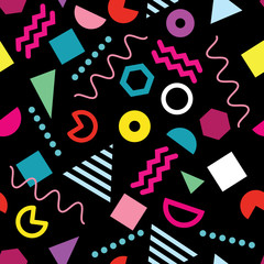 Vector of seamless repeat pattern with Memphis on black background. Trendy Memphis style. Geometric different shapes. Design for textile, fabric, decoration, wallpaper, wrapping, scrapbook