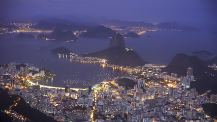 dusk shot from botafogo, sugarloaf mountain to copacabana beach in rio