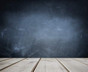 Empty wooden floor boards and blue chalkboard wall background - Powered by Adobe