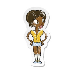 retro distressed sticker of a cartoon happy woman in short skirt