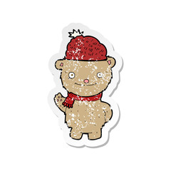 retro distressed sticker of a cartoon bear in hat