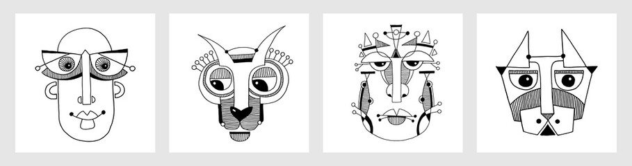 set of unusual hand draw illustration with a male face portrait