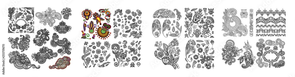 Sticker black line art ornate flower design collection, ukrainian