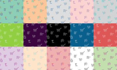 Vector set of seamless patterns with letters in the colourful background. Language learning aspects. Grammar, vocabulary, reading, listening, speaking, writing, pronunciation.