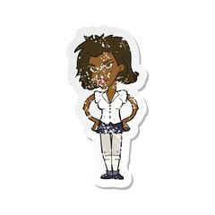 retro distressed sticker of a cartoon woman with hands on hips