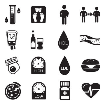 Cholesterol Icons. Black Flat Design. Vector Illustration.