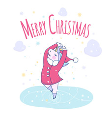 Cute unicorn skates with a Santa Claus coat and hat on white background with snowflakes.