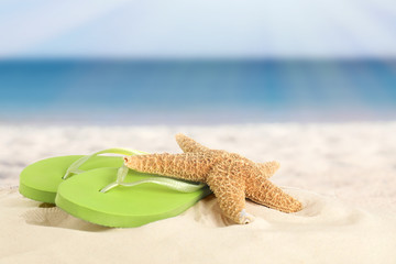 Fototapeta na wymiar Beach with clean hot sand on sunny day, closeup. Space for text