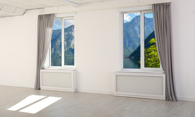Beautiful view from new modern windows with curtains in empty light room