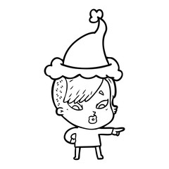 line drawing of a surprised girl pointing wearing santa hat