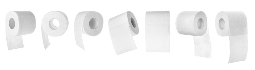 Set of toilet paper rolls on white background